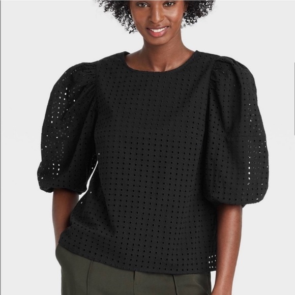 A New Day Black Puff Sleeve Blouse L - Picture 3 of 6